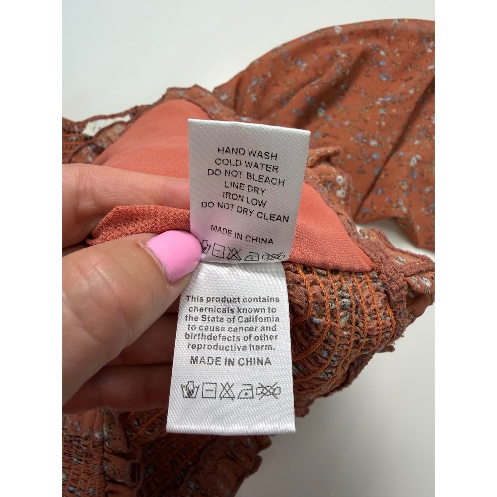 Promesa Rust Floral Ruched Long Sleeve‎ Blouse Square Neck Smocked Cuff Medium - Picture 11 of 11